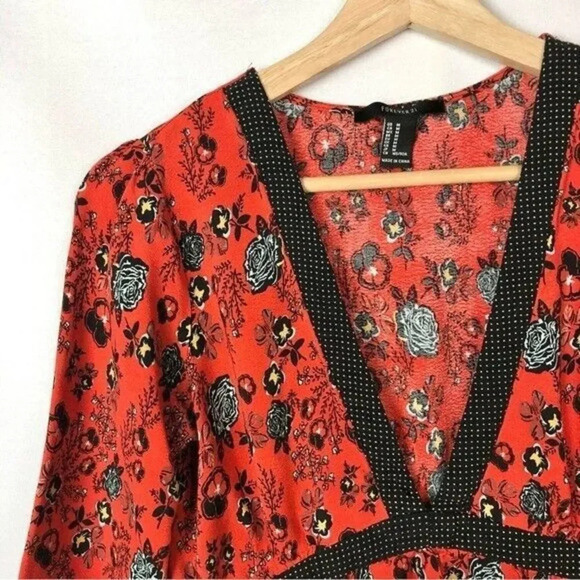 Forever 21 Red Floral Long Sleeve Boho Babydoll Mini Dress M - Picture 3 of 3